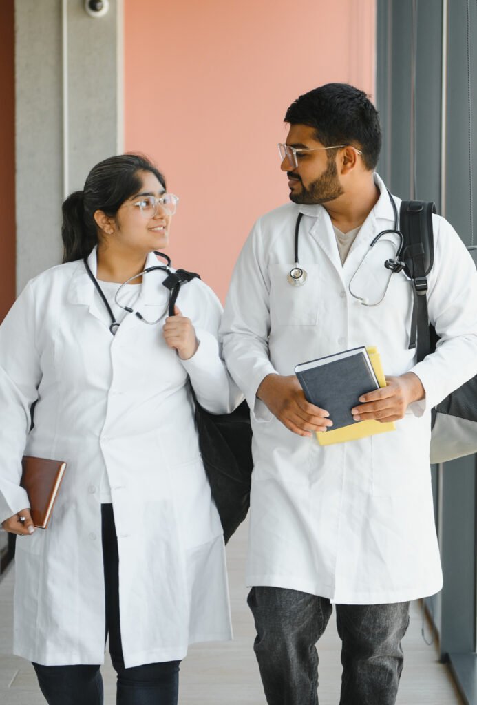 University, education, medicine, anatomy concept. Multiracial indian medical students in classroom, studying